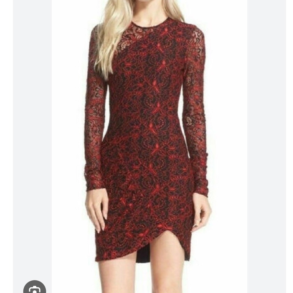 Parker Long Sleeve Red Black Lace Mini Dress Medium